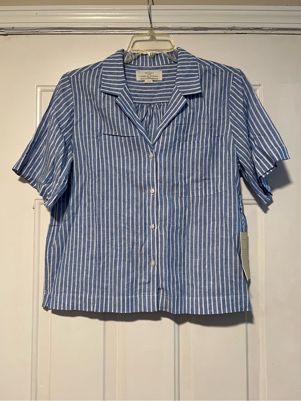 Birds of Paradise by Trovata Blue and White Striped Top Linen Viscose Large L